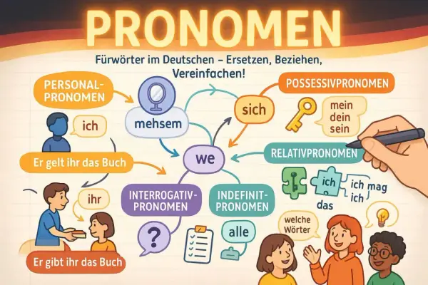 Grafik erklärt die **Pronomen**-Definition im Deutschen. Verschiedene Arten wie Personal-, Possessiv- und Relativpronomen werden mit Beispielen dargestellt.