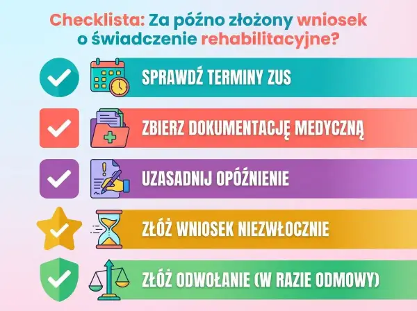 Checklista: Oczekiwanie na świadczenie rehabilitacyjne a zwolnienie lekarskie. Sprawdź terminy ZUS, zbierz dokumentację, uzasadnij opóźnienie, złóż wniosek i odwołanie.
