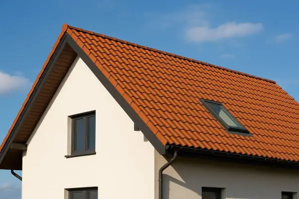 Ceglasty dach dwuspadowy z dachówką ceramiczną i oknem połaciowym. Kąt nachylenia dachu jest umiarkowany, idealny do odprowadzania wody.
