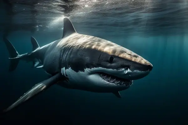 Un gran tiburón blanco nada en aguas oscuras. ¿Qué significa soñar con tiburones? Puede ser un símbolo de poder o de miedos ocultos.