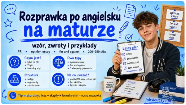 Chłopak prezentuje plan eseju typu opinion essay. Grafika zawiera wskazówki dotyczące struktury i typów rozprawki na maturze.