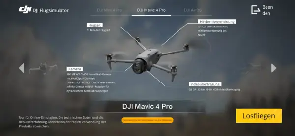 DJI Flugsimulator zeigt die DJI Mavic 4 Pro mit Details zu Flugzeit, Kamera und Hindernisvermeidung.