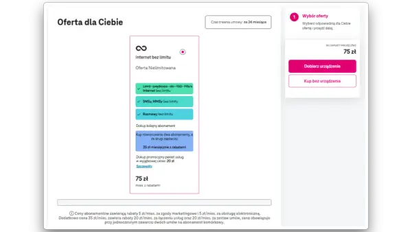T-Mobile oferta dla stałych klientów: nielimitowany internet, SMS, MMS i rozmowy za 75 zł miesięcznie. Umowa na 24 miesiące.