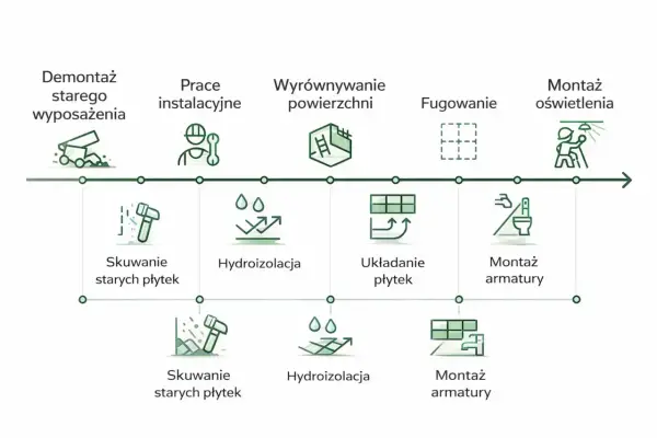 Schemat przebudowy starego domu: demontaż, instalacje, wyrównanie, fugowanie, montaż płytek, armatury i oświetlenia.