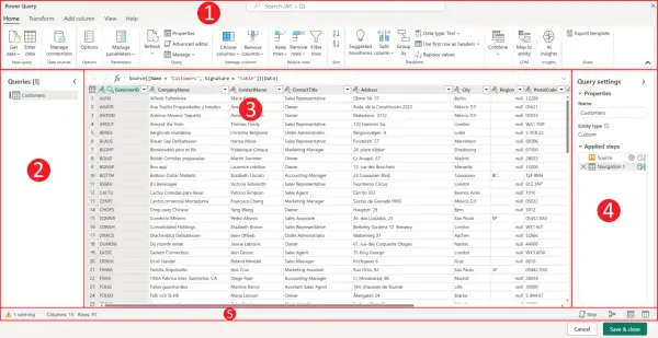 Im Power Query Editor werden Kundendaten angezeigt, mit Spalten wie Firmenname und Stadt.
