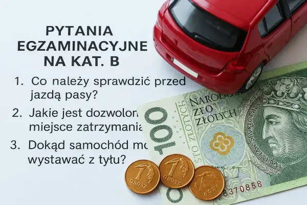 Pytania egzaminacyjne na kat. B, czerwony samochodzik, banknot 100 zł i grosze.