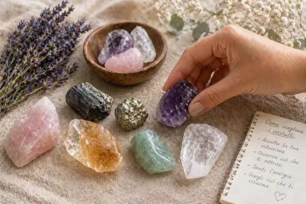 Mano sceglie un cristallo viola, circondato da quarzi di vari colori e lavanda. Il quarzo ha un profondo significato spirituale.