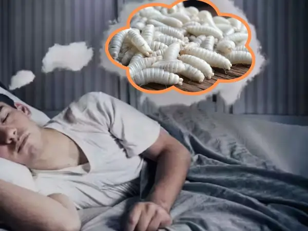 Un joven duerme plácidamente, pero su mente parece soñar con lombrices blancas y jugosas, un sueño inquietante.
