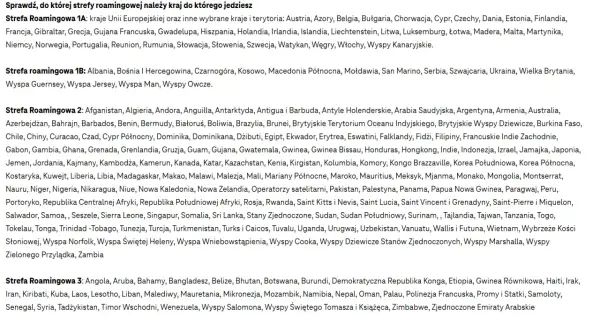 Lista krajów podzielona na strefy roamingowe T-Mobile.