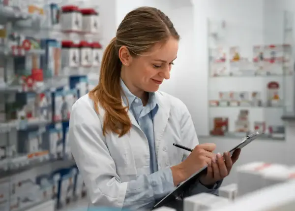 Farmaceutka w białym fartuchu notuje na tablicy, przygotowując receptę farmaceutyczną.