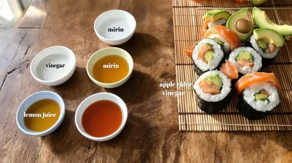 Zastanawiasz się, czym zastąpić ocet ryżowy? Na stole widzisz miseczki z octem, mirinem, sokiem z cytryny i sosami, a obok sushi.