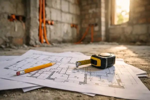 Plany budowy, ołówek i miarka leżą na podłodze. W tle widać ściany z instalacją elektryczną, co sugeruje prace związane z elektrotechniką.