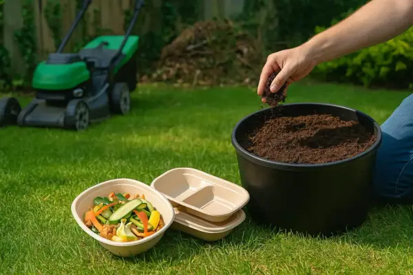 Persona añade tierra a un compostador al aire libre. Hay restos de comida y un cortacésped en el jardín.