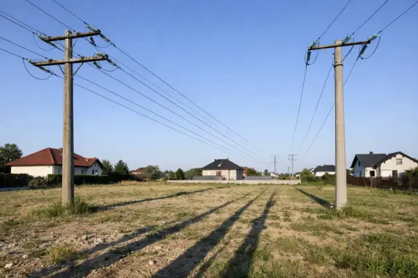 Linia średniego napięcia biegnie nad niezabudowaną działką, z domami w oddali. Widać wyraźną odległość budynku od linii średniego napięcia.