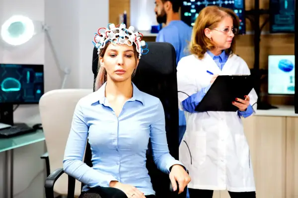 Donna con casco per esame neurologico, mentre un medico prende appunti.