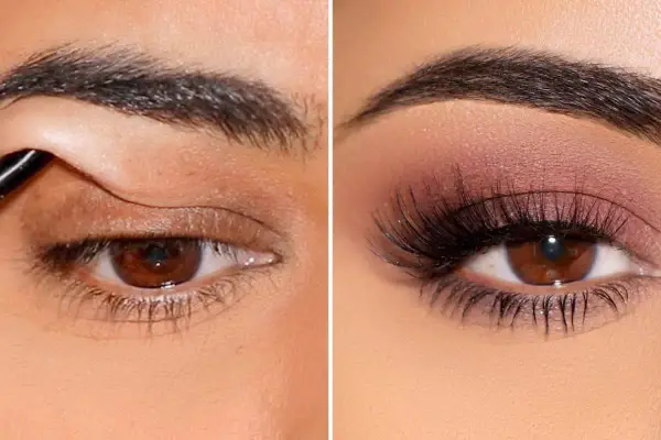 Trucco per palpebre cadenti: prima e dopo. L'occhio sinistro mostra l'applicazione della linea, il destro un look completo con ombretto e ciglia finte.