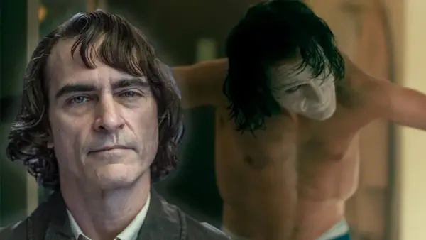 Joaquin Phoenix, som spelar Jokern, i en dramatisk scen. Hans ansikte är i fokus, medan en annan bild av honom med sminkad clownansikte syns i bakgrunden.