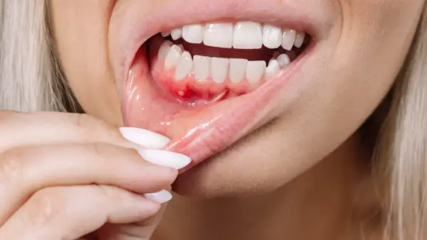 Detalle de una boca con úlceras y enrojecimiento, mostrando posibles causas de boca irritada por dentro.