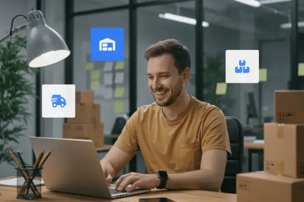 Uśmiechnięty mężczyzna pracuje przy laptopie, otoczony ikonami magazynu, dostawy i paczek. Baselinker connect ułatwia zarządzanie logistyką.