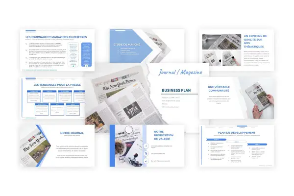 Présentation d'un plan d'affaires pour comment créer un magazine, incluant des études de marché, des tendances et une proposition de valeur.
