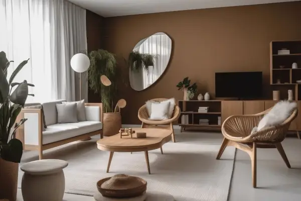 Nowoczesny salon z brązowymi ścianami, drewnianymi meblami i roślinami.
