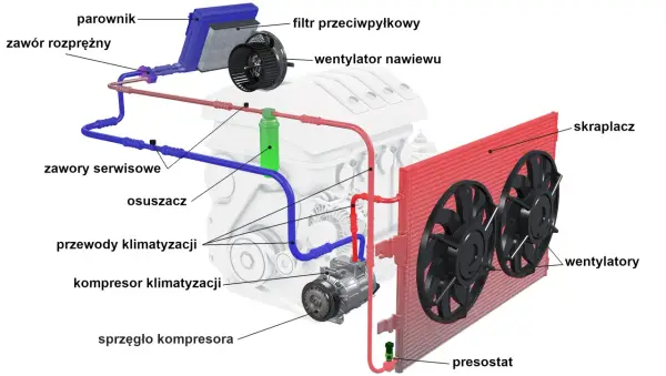 Schemat pokazuje, jak działa klimatyzacja samochodowa: kompresor, skraplacz, osuszacz i parownik tworzą zamknięty obieg.