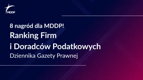 Logo MDDP i tekst: "8 nagród dla MDDP! Ranking Firm i Doradców Podatkowych Dziennika Gazety Prawnej".