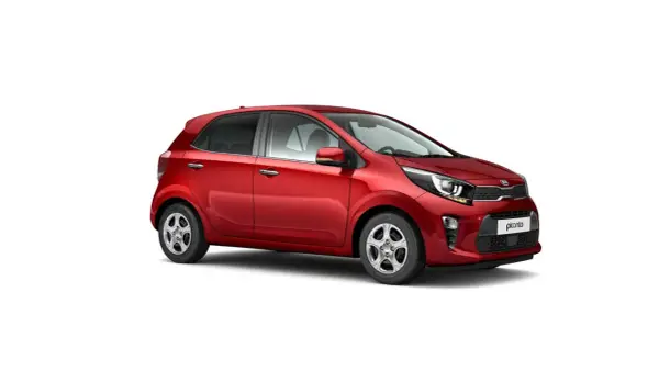 Czerwony Kia Picanto na białym tle. Wiele osób szuka kia picanto opinie przed zakupem.