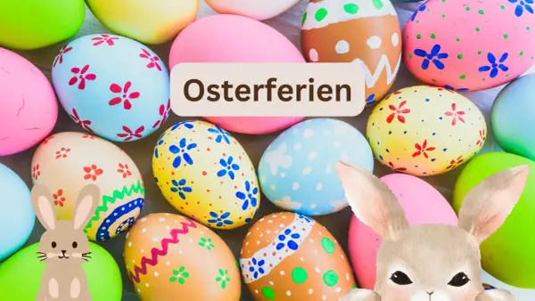 Bunte Ostereier und Hasenfiguren, bereit für die Osterferien Sachsen 2026.