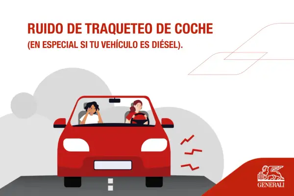Dos mujeres en un coche rojo, una con las manos en las orejas por el ruido del motor. El texto indica "ruido coche en marcha".