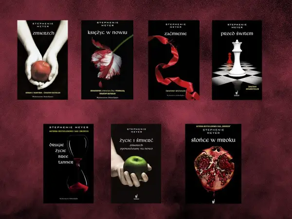 Saga Zmierzch- ile jest części? Na zdjęciu okładki 5 głównych tomów: Zmierzch, Księżyc w nowiu, Zaćmienie, Przed świtem, oraz dodatkowe: Drugie życie Bree Tanner i Życie i śmierć.