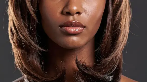 Bouche pulpeuse et brillants, encadrée par un dégradé cheveux long brun, aux reflets chauds.