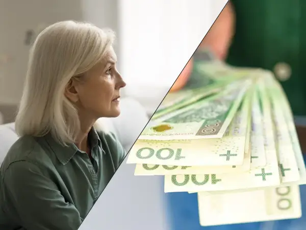 Zamyślona kobieta i stos banknotów 100 zł. Zastanawia się, ile wynosi renta wdowia.