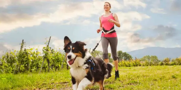 Mujer corriendo con su perro en un campo verde. La actividad física y la estimulación mental para perros son clave para su bienestar.