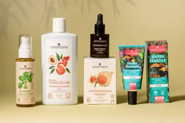 Kolekcja kosmetyków Orientana: szampon nawilżający, serum antyoksydacyjne, krem do twarzy i pod oczy z daktylem. Naturalna pielęgnacja botanicapharma.