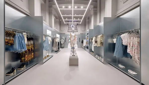 Nowoczesne wnętrze sklepu Bershka z wieszakami pełnymi ubrań i manekinem w centrum.