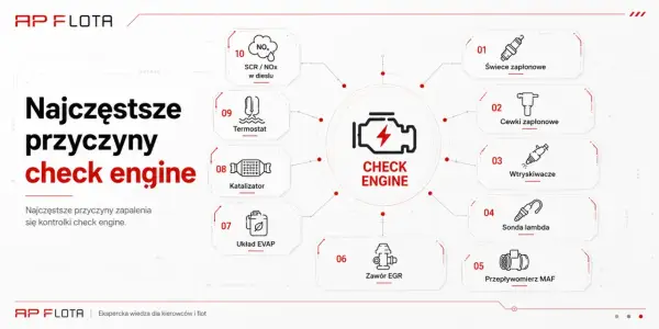 Najczęstsze przyczyny zapalenia się kontrolki check engine: świece, cewki, wtryskiwacze, sonda lambda, przepływomierz MAF, zawór EGR, układ EVAP, katalizator, termostat, SCR/NOx.