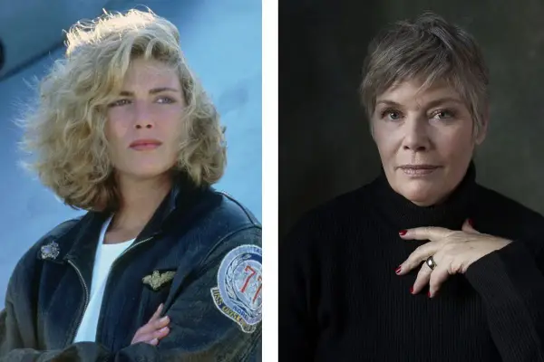 Kelly McGillis w młodości w kurtce lotniczej i jako starsza kobieta w czarnym golfie. Ikona kina.