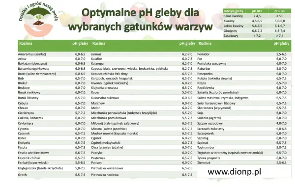 Tabela pH gleby dla zbóż i warzyw. Znajdziesz tu optymalne pH gleby dla wielu gatunków roślin, np. pomidora, cebuli czy grochu.