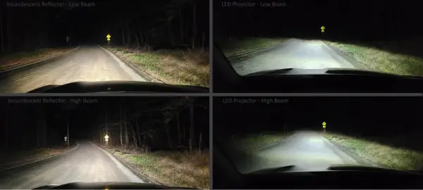 Confronto fari auto: incandescenza vs LED su strada buia. I fendinebbia LED illuminano meglio.