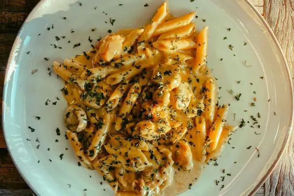 Penne w kremowym sosie z kurczakiem i pieczarkami, posypane natką pietruszki. Pyszny makaron, z którego jest zrobiony, zachwyca smakiem.