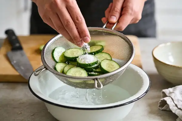 Préparation d'un concombre à la crème : des rondelles de concombre sont salées dans une passoire au-dessus d'un bol d'eau.