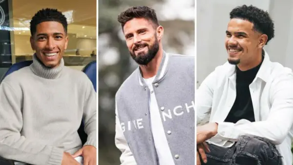 Trzech przystojnych piłkarzy: Jude Bellingham, Olivier Giroud i Mason Mount, uśmiechają się do obiektywu.