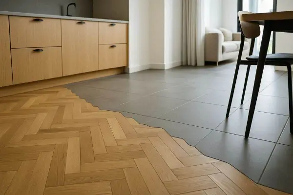 Un pavimento in parquet a spina di pesce incontra piastrelle grigie, un'idea per rifare pavimento con stile.