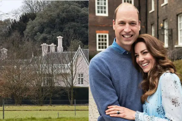 Księżna Kate i William uśmiechają się radośnie. W tle widać ich dom i drzewa. Ostatnie wiadomości o parze są pozytywne.