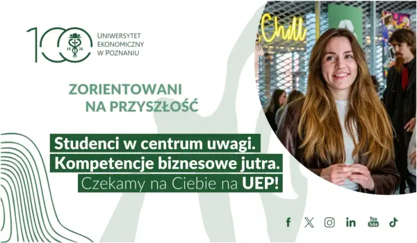Studia marketingowe na UEP w Poznaniu. Uśmiechnięta studentka, przyszłe kompetencje biznesowe. Czekamy na Ciebie!