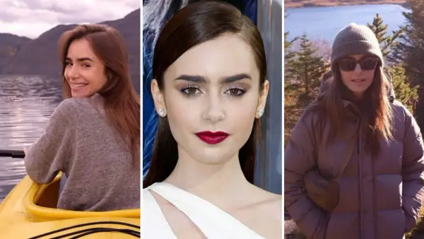 Lily Collins i en gul kajak, nära en sjö med berg. Lily Collins med smink och rött läppstift. Lily Collins i en dunjacka och mössa i naturen.