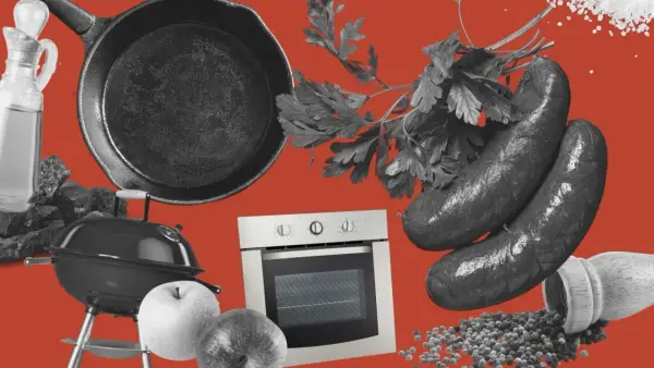 Préparation pour la cuisson du boudin noir : poêle, four, barbecue, herbes, épices et pommes.