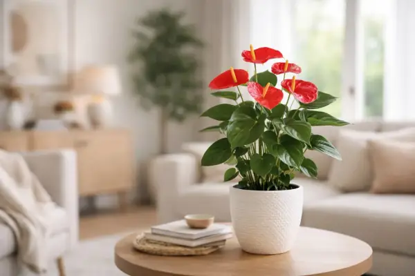 Anthurium rouge vif, une langue de feu éclatante, sur une table basse dans un salon cosy.