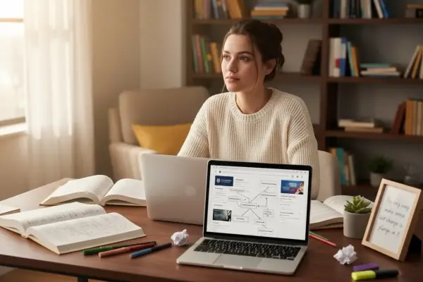Młoda kobieta pogrążona w nauce, przygotowująca się do kognitywistyka studia. Na biurku laptopy, otwarte książki i przybory do pisania.